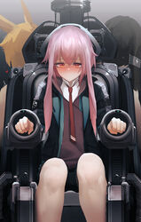  3boys animal_ears ansel_(arknights) arknights ayerscarpe_(arknights) black_hair blonde_hair blush bound bound_legs bound_wrists chair clenched_hand grey_background hair_between_eyes heart highres jacket leonhardt_(arknights) long_hair lop_rabbit_ears machine male_focus mo_ne multiple_boys necktie open_mouth otoko_no_ko pants pink_hair rabbit_boy rabbit_ears red_eyes shirt short_hair simple_background sitting solo_focus steam sweat trait_connection 