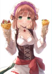  blush breasts coffee_tart crepe dress female food frills green_eyes hair_rings highres holding holding_food jewelry long_hair long_sleeves looking_at_viewer necklace pearl_necklace princess_connect! rino_(princess_connect!) rino_(real)_(princess_connect!) sash small_breasts smile solo tenugui two_side_up underbust 