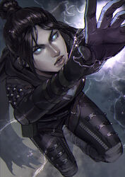  apex_legends black_bodysuit black_bow black_gloves black_scarf blue_eyes bodysuit bow breasts daichi_midori electricity female floating_hair from_above gloves glowing glowing_eyes hair_behind_ear hair_bun looking_up medium_breasts nose_piercing open_mouth parted_bangs piercing realistic scarf single_hair_bun solo v-shaped_eyebrows wraith_(apex_legends) 