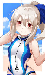  bad_id bad_pixiv_id bare_shoulders beach blue_bow blue_one-piece_swimsuit blue_sky blush bow breasts closed_mouth commentary_request cosplay day fate/grand_order fate/kaleid_liner_prisma_illya fate_(series) female hair_between_eyes hairbow highleg highleg_swimsuit highres illyasviel_von_einzbern long_hair looking_at_viewer mochi_(k620803n) ocean one-piece_swimsuit outdoors ponytail red_eyes shore sidelocks sky small_breasts smile swimsuit tomoe_gozen_(fate) tomoe_gozen_(swimsuit_saber)_(fate) tomoe_gozen_(swimsuit_saber)_(fate)_(cosplay) tomoe_gozen_(swimsuit_saber)_(first_ascension)_(fate) two-tone_swimsuit white_hair white_one-piece_swimsuit 