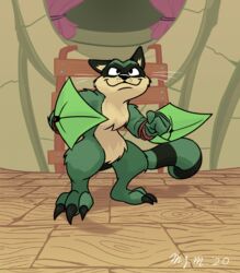  anthro biped black_nose claws curtains digital_media_(artwork) female forest fur green_body green_fur hi_res holding_object holding_weapon johnnythecheesy ladder mammal maypul outside plant procyonid raccoon rivals_of_aether solo standing toe_claws tree weapon 