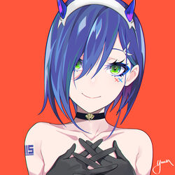  absurdres bad_id bad_pixiv_id black_choker black_gloves blue_eyeshadow blue_hair choker closed_mouth collarbone commentary_request darling_in_the_franxx eyebrows_hidden_by_hair eyeshadow female gloves green_eyes hair_ornament hair_over_one_eye hairband hairclip hands_up highres horns ichigo_(darling_in_the_franxx) lam_(style) makeup nude orange_background own_hands_together short_hair signature simple_background smile solo upper_body white_hairband yuuta_(yuuta0312) 