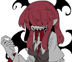  bat_wings breasts colored_skin female grey_skin grey_vest hair_over_eyes hand_up head_wings koakuma koishi_komeiji&#039;s_heart-throbbing_adventure long_bangs long_hair massakasama medium_breasts multiple_tongues necktie pointy_ears red_hair red_necktie sharp_teeth sidelocks simple_background solo teeth tongue tongue_out touhou upper_body upper_teeth_only vest white_background wings 