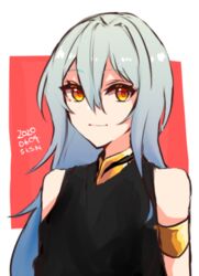  1other androgynous bare_shoulders blue_hair closed_mouth hair_between_eyes long_hair looking_at_viewer rimuru_tempest sakusan_yousoeki simple_background smile solo tensei_shitara_slime_datta_ken yellow_eyes 