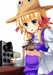  blonde_hair blue_eyes blush brown_hat circuit commentary_request cookie_(touhou) female hair_ribbon hat highres kaibara_elena_(cookie) long_hair long_sleeves looking_at_viewer moriya_suwako open_mouth oscilloscope purple_skirt purple_vest red_ribbon ribbon shirt skirt skirt_set smile solo szk touhou turtleneck upper_body vest white_background white_shirt wide_sleeves wire 