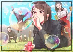  2girls 4boys :d arms_up black_eyes black_footwear black_hair black_legwear black_pants blowing_bubbles blue_eyes blue_sky blunt_bangs bubble bubble_pipe cloud cup day eyewear_on_head full_body gakuran getou_suguru gojou_satoru grin haibara_yu hair_bun hair_pulled_back hakama hakama_skirt highres holding holding_cup ieiri_shoko iori_utahime japanese_clothes jujutsu_kaisen jumping kimono long_hair looking_at_another looking_away lying miko mole mole_under_eye multiple_boys multiple_girls nanami_kento o2o6e on_stomach open_mouth outdoors pants round_eyewear school_uniform shoes short_hair single_hair_bun sitting skirt sky smile squatting standing sunglasses swept_bangs white_hair white_kimono wide_sleeves yaga_masamichi 