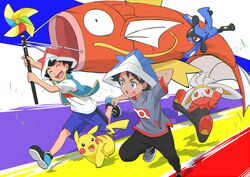  2boys absurdres arm_behind_head black_hair black_pants blue_eyes closed_eyes commentary_request goh_(pokemon) grass highres holding jacket kodomo_no_hi looking_to_the_side magikarp multiple_boys open_mouth pants paper_hat paper_kabuto pikachu pokemon pokemon_(anime) pokemon_(creature) pokemon_journeys purple_shorts raboot riolu running satoshi_(pokemon) shirt shoes short_sleeves shorts teeth tongue white_shirt yasuda_shuuhei 