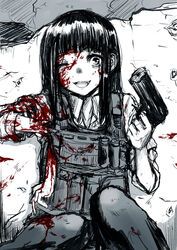  :d blood blood_on_clothes blood_on_face blood_splatter blunt_bangs body_armor broken_bone broken_wall commentary_request dress_shirt female greyscale gun guro handgun hat highres hime_cut holding holding_gun holding_weapon injury long_hair long_sleeves looking_at_viewer military military_uniform monochrome neko_zukin one_eye_closed open_mouth original pants pouch shirt sidelocks sitting sleeves_rolled_up smile solo spot_color tareme teeth uniform upper_teeth_only vest wall weapon wing_collar 