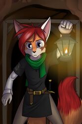  anthro canid canine clothed clothing dipstick_tail eric_stawnwood fox foxyverse fur hair hi_res lamp lantern male mammal mancoin markings multicolored_tail orange_body orange_fur purple_eyes red_hair red_tail_tip scarf solo tail tail_markings 