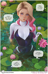  asymmetrical_hair blonde_hair blue_eyes bodysuit border breasts colored_tips commentary english_commentary english_text eyebrow_piercing female flower gradient_hair gwen_stacy highres holding hood hooded_bodysuit lily_pad lips long_hair looking_at_viewer marvel medium_breasts multicolored_bodysuit multicolored_clothes multicolored_hair one_eye_closed partially_submerged patreon_username piercing pink_flower pink_hair prywinko speech_bubble spider-gwen spider-man:_across_the_spider-verse spider-man:_into_the_spider-verse spider-man_(series) spider-verse two-tone_hair wading water web_print wet white_border 