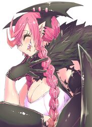  =_= absurdres ahoge asymmetrical_gloves bat_wings black_feathers black_gloves black_legwear black_tail black_wings blush braid breasts closed_eyes dahila_(heal_&amp;_squeeze) fangs feathers female from_side gloves head_wings heal_&amp;_squeeze highres huge_breasts nose pink_hair sideboob sideways_mouth simple_background sitting smile tail thighhighs uneven_gloves vampire white_background wings zyugoya 