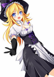  akane_(cookie) apron black_gloves black_hat black_skirt blonde_hair blue_eyes blush bow braid breasts cleavage cleavage_cutout clothing_cutout collared_shirt commentary_request cookie_(touhou) cowboy_shot dutch_angle elbow_gloves female frilled_sleeves frills gloves hair_between_eyes hairbow hat hat_bow highres kirisame_marisa long_hair looking_at_viewer medium_breasts open_mouth purple_bow shirt side_braid simple_background single_braid skirt smile solo szk touhou underbust v waist_apron white_background white_shirt witch_hat 