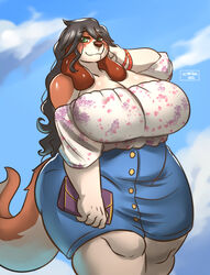  2021 5_fingers anthro big_breasts black_hair bon_bon_(ocaritna) breasts brown_body brown_fur canid canine canis cleavage clothed clothing cloud curvy_figure day domestic_dog female fingers floppy_ears fur green_eyes hair hand_behind_head hi_res huge_breasts huge_thighs long_ears long_hair mammal multicolored_body multicolored_fur ocaritna outside portrait purse signature sky solo standing thick_thighs three-quarter_portrait two_tone_body two_tone_fur voluptuous white_body white_fur wide_hips 