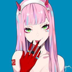  :p absurdres bad_id bad_pixiv_id black_nails blue_background blue_hair closed_mouth collarbone commentary_request darling_in_the_franxx derivative_work eyebrows_hidden_by_hair female fingernails green_eyes grey_hairband hairband hand_up highres horns lam_(style) long_fingernails multicolored_hair nude pink_hair sharp_fingernails signature simple_background smile solo streaked_hair tongue tongue_out upper_body yuuta_(yuuta0312) zero_two_(darling_in_the_franxx) 