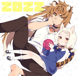  1boy 2022 age_difference animal_ears barefoot bell black_collar black_footwear black_hair blonde_hair blue_bow blush bow braid brown_hair chinese_zodiac closed_mouth clothing_cutout collar collarbone female fingernails green_eyes hair_between_eyes hand_rest highres holding_yarn light_brown_hair long_hair moyori multicolored_hair o-ring orange_eyes original parted_lips paw_cutout short_hair sitting sitting_on_person sleeves_rolled_up soles striped striped_bow tail tail_bow tail_ornament tiger_boy tiger_ears tiger_tail white_legwear yarn yarn_ball year_of_the_tiger 