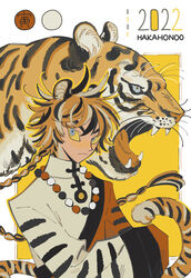  1boy 2022 animal artist_name black_hair blue_eyes braid braided_ponytail chinese_zodiac colored_sclera guu_(hakahonoo) hands_in_opposite_sleeves highres jewelry long_hair looking_at_viewer male_focus multicolored_hair necklace orange_hair original solo tiger upper_body white_hair year_of_the_tiger yellow_sclera 