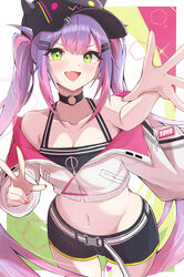  :d absurdres armpits belt black_choker black_hat black_shorts breasts character_name choker cleavage ear_piercing eat_some_cookie female fingernails green_eyes hair_ornament hat heart heart_tattoo highres hololive jacket long_hair looking_at_viewer medium_breasts multicolored_hair multicolored_nails nail_polish navel navel_piercing o-ring o-ring_choker oerba_yun_fang piercing pink_hair pink_nails purple_hair shorts skin_fang smile solo stomach streaked_hair tattoo tokoyami_towa tokoyami_towa_(1st_costume) two-tone_hair very_long_hair virtual_youtuber w white_belt white_jacket yellow_nails 