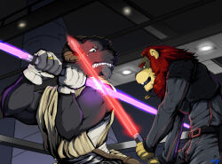  2022 anthro artist_name bodily_fluids clothed_male duo felid fight inside jedi jedi_tunic lightsaber lion male mammal melee_weapon pandottermon pantherine signature sith star_wars swordfight tears weapon 