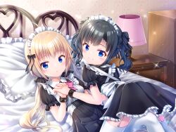  2girls absurdres alternate_costume apron ass aunt_and_niece bedroom black_bow black_dress black_hair black_scrunchie black_skirt blonde_hair blue_eyes blush bow closed_mouth commentary cowgirl_position cuffs desk_lamp dot_nose dress enmaided frilled_skirt frills garter_straps getsuyoshi hair_ornament hair_scrunchie handcuffs highres holding_hands incest itsumura_haruka itsumura_yukari lamp long_hair looking_at_viewer looking_back low_twintails lying maid maid_apron maid_headdress multiple_girls on_back on_bed parted_lips pillow pink_bow puffy_short_sleeves puffy_sleeves re:stage! scrunchie short_hair short_sleeves short_twintails skirt smile straddling thighhighs twintails wallpaper_(object) white_garter_straps white_thighhighs yuri zettai_ryouiki 