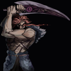  1boy abs barbarian bare_arms belt black_background brown_belt capelet commentary cowboy_shot fear_&amp;_hunger_(series) fear_&amp;_hunger_1 fur_capelet fur_skirt glowing glowing_eye highres holding holding_sword holding_weapon looking_at_viewer male_focus muscular muscular_male psognat ragnvaldr_(fear_&amp;_hunger) red_hair simple_background solo standing sword two-handed weapon 