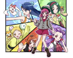  3boys 6+girls akimoto_komachi amagan_ruruboshi beret black_vest blonde_hair blue_eyes blue_hair blush boots brown_footwear brown_hair closed_mouth coco_(yes!_precure_5) creature crop_top dress dress_shirt electricity fairy fire green_eyes green_hair green_hat green_kimono green_socks grey_hoodie hair_ribbon hairband hakama hat highres holding holding_poke_ball hood hoodie japanese_clothes jewelry kasugano_urara_(yes!_precure_5) kimono leaf long_hair long_sleeves medium_hair milk_(yes!_precure_5) mimino_kurumi minazuki_karen multicolored_shirt multiple_boys multiple_girls natsuki_rin necklace necktie nuts_(yes!_precure_5) one_eye_closed open_mouth parody pink_dress pink_eyes pink_hair poke_ball pokemon precure purple_hair red_eyes red_hairband red_hakama red_necktie red_ribbon red_sports_bra ribbon shirt short_hair short_sleeves smile socks sports_bra syrup_(yes!_precure_5) vest water white_shirt yellow_eyes yellow_hoodie yes!_precure_5 yes!_precure_5_gogo! yumehara_nozomi 