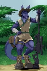  anthro big_gun blue_body blue_fur boots clothed_male clothing footwear forest fur grass green_eyes gun gun_holster hi_res holstered_pistol jewelry jungle kangaroo macropod male mammal marsupial necklace pandottermon plant ranged_weapon scope shoes solo tail tree uniform weapon 