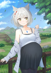  absurdres animal_ears black_bra black_pantyhose bra bra_strap breasts camisole cat_ears chest_jewel closed_mouth collarbone commission cowboy_shot day female fence high-waist_skirt highres mao_lian_(nekokao) medium_breasts mio_(xenoblade) mountainous_horizon off_shoulder outdoors pantyhose pixiv_commission pregnant skirt smile solo underwear white_camisole xenoblade_chronicles_(series) xenoblade_chronicles_3 yellow_eyes 