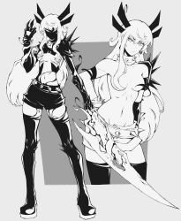  absurdres boots bracelet breasts collar convenient_censoring female greyscale highres holding holding_sword holding_weapon illyana_rasputina jewelry kekel living_clothes long_hair magik_(x-men) marvel marvel_rivals medium_breasts midriff monochrome parasite solo spider-man_(series) spiked_bracelet spiked_collar spikes sword symbiote thigh_boots venom_(marvel) very_long_hair weapon x-men 