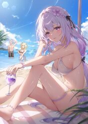  1boy 2girls aglaea_(honkai:_star_rail) alternate_costume arm_on_knee armpit_crease ball bare_shoulders beach beach_towel beachball bikini black_bikini blonde_hair blue_sky blush breasts castorice_(honkai:_star_rail) cleavage commentary_request criss-cross_halter cup day drinking_glass halterneck hand_up highres holding holding_ball holding_beachball holding_cup honkai:_star_rail honkai_(series) ien_(to_yen) large_breasts long_hair looking_at_viewer multiple_girls navel outdoors parted_lips phainon_(honkai:_star_rail) pointy_ears purple_eyes purple_hair purple_pupils short_hair sitting sky solo_focus stomach string_bikini swimsuit toned toned_male towel very_long_hair white_bikini white_hair 