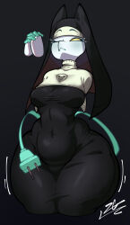  2026 anthro armless black_clothing blue_body breasts closed_eyes clothing cord_tail darkner deltarune digital_drawing_(artwork) digital_media_(artwork) dress eyelashes felid feline female female_anthro floating_hands hands_together headgear headwear hi_res machine mammal medium_breasts multicolored_body navel_outline nun_habit nun_outfit religious_clothing robot_anthro shake_lines small_waist solo tasque_manager tasque_manager_(nun) thick_thighs tight_clothing two_tone_body undertale_(series) white_body white_clothing wide_hips yellow_eyes zerogld 