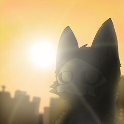  1:1 ambiguous_gender anthro black_body black_fur bone_mask canid canine canis changed_(video_game) city fur goo_creature hi_res light mammal mask orange_sky puro_(changed) ruins sky standing sun sunrise white_eyes wolf wolfchengchibai 