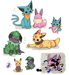  2026 aaasakawa alternate_color ambiguous_gender black_nose blue_body closed_eyes crossover eevee eeveelution empty_eyes espeon exclamation_point feral five_pebbles_(rain_world) fluffy fluffy_tail forehead_gem gem generation_1_pokemon generation_2_pokemon generation_6_pokemon green_body group hi_res jolteon kerchief looking_at_another markings neck_tuft nintendo one_eye_closed open_mouth open_smile pawpads paws pink_body pokemon pokemon_(species) quadruped question_mark rain_world red_gem saint_(rain_world) scarf sitting slugcat smile sylveon tail tuft umbreon videocult white_eyes yellow_body 