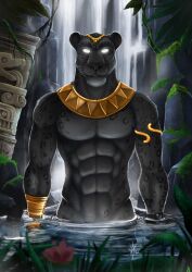  2019 abs accessory anthro black_body black_fur dated empty_eyes felid front_view fur grass hufnaar lily_pad male male_anthro mammal muscular muscular_anthro muscular_male partially_submerged pecs plant solo waterfall whiskers white_eyes 