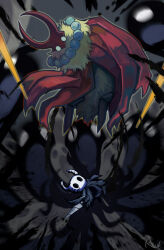  2026 2_horns ambiguous_gender anthro arthropod black_eyes cloak clothed clothing duo empty_eyes hi_res holding_melee_weapon holding_object holding_weapon hollow_knight_(franchise) horn insects lepidopteran markoth_(hollow_knight) melee_weapon moth neck_tuft red_clothing ryun_s_zand signature team_cherry the_knight_(hollow_knight) tuft vessel_(species) weapon white_eyes 