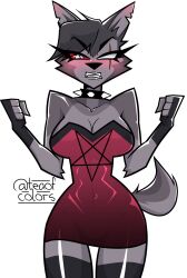  2024 absolute_territory absurd_res alternate_costume angry anthro artist_name bare_shoulders big_breasts blind_eye blush breasts canid canid_demon canine cleavage clenched_teeth clothed clothing clothing_swap cocktail_dress collar demon dress empty_eyes eye_scar facial_scar female fingerless_gloves fist fur gloves grey_body grey_fur grey_hair hair handwear hellaverse hellhound helluva_boss hi_res legwear mammal mtf_crossgender mythological_canine mythological_creature mythology narrowed_eyes navel_outline notched_ear portrait red_clothing red_dress red_sclera rule_63 scar simple_background small_waist solo spiked_collar spikes squint strapless_clothing strapless_dress tail teaofcolors teeth text thigh_highs three-quarter_portrait tight_clothing tight_dress twitter_handle vortex_(helluva_boss) white_background white_eyes wide_hips 