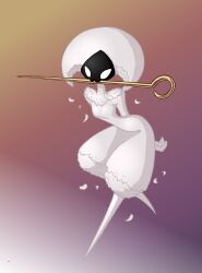  :3 absurd_res anthro arched_back arthropod biped black_face eidel-elias-weise featureless_feet featureless_hands feet female front_view gradient_background hands_behind_back hi_res hollow_knight:_silksong hollow_knight_(franchise) insects lace_(hollow_knight:_silksong) looking_at_viewer narrow_hips object_in_mouth one_leg_up petals raised_leg seductive sewing_pin simple_background small_waist solo team_cherry thick_thighs wasp_waist weapon weapon_in_mouth white_body white_eyes 