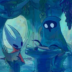  1:1 2026 2_horns ambiguous_gender arthropod black_eyes blipbugbug blue_clothing cloak clothed clothing duo empty_eyes female_(lore) holding_map hollow_knight:_silksong hollow_knight_(franchise) horn hornet_(hollow_knight) inside map melee_weapon pinstress plant red_cloak red_clothing team_cherry weapon white_eyes 
