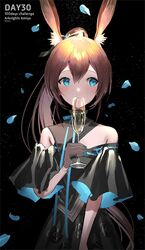  amiya_(arknights) animal_ears arknights black_background black_dress black_gloves blue_eyes blue_nails brown_hair champagne_flute character_name clothing_cutout copyright_name cup dress drinking_glass female gloves hair_between_eyes hand_up highres holding holding_cup light_blush long_hair looking_to_the_side makkuro official_alternate_costume petals ponytail rabbit_ears rabbit_girl sheer_gloves short_sleeves shoulder_cutout simple_background solo straight-on 