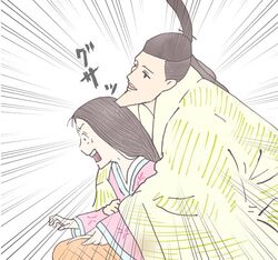  1boy black_hair chin female hug hug_from_behind impaled japanese_clothes kaguya-hime_no_monogatari kaguya_hime kimono layered_clothes layered_kimono long_hair mikado_(kaguya-hime_no_monogatari) miruku_kintoki open_mouth parody photoshop_(medium) simple_background sitting studio_ghibli translated 