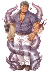  1boy bara beard belt bombom brown_belt brown_eyes closed_mouth dagon_(housamo) facial_hair fish_boy full_body grey_hair hand_in_pocket jewelry large_pectorals long_sideburns looking_at_viewer male_focus mature_male muscular muscular_male official_art one_eye_closed open_clothes pectoral_cleavage pectorals shirt_tucked_in sideburns simple_background smile solo standing tachi-e teacher tentacle third-party_source tokyo_afterschool_summoners transparent_background 