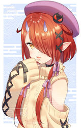  bare_shoulders beret black_choker choker commentary female hair_ornament hair_over_one_eye hairclip hat hoozuki_warabe horns noripro okanoyuno one_eye_covered oni oni_horns open_mouth pointy_ears purple_hat red_hair solo symbol-only_commentary virtual_youtuber yellow_eyes 