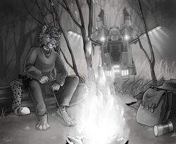  anthro backpack barefoot black_and_white blue_eyes campfire camping cheetah clothed clothing countershading escape_pod feet felid feline fire forest gun landing_craft log male mammal mang monochrome paws plant ranged_weapon sitting_on_log solo spacecraft spots tatujapa technology tree vehicle weapon wilderness wood 