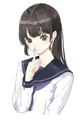  bad_id bad_pixiv_id black_sailor_collar blush brown_eyes brown_hair commentary_request cropped_torso female finger_to_mouth hand_up index_finger_raised long_hair long_sleeves looking_at_viewer neckerchief original parted_lips ponytail purple_neckerchief sailor_collar school_uniform serafuku shii_(kairi-t-k0317) shirt shushing sidelocks simple_background solo upper_body white_background white_shirt 