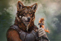  2022 5_fingers abstract_background ambiguous_gender anthro armor black_lips breastplate brown_body brown_eyes brown_fur buckle canid canine canis claws clothed clothing digital_media_(artwork) duo english_text feral fingers fire fur holding_melee_weapon holding_object holding_sword holding_weapon lips lizard looking_forward male mammal melee_weapon mythological_creature mythological_salamander mythological_scalie mythology reptile scalie signature smile straps sword text weapon whiskers white_body white_fur wolf wolnir 