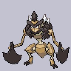  axe black_eyes commentary_request full_body grey_background kleavor legs_apart lowres no_humans onigashira_ginkaku pixel_art pokemon pokemon_(creature) simple_background solo spikes standing 