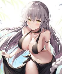  absurdres ahoge ale_nqki bare_shoulders bikini black_bikini blush bracelet braid breasts cleavage closed_mouth fate/grand_order fate_(series) female grey_hair highres jeanne_d&#039;arc_alter_(fate) jeanne_d&#039;arc_alter_(festival_outfit)_(fate) jewelry large_breasts long_hair looking_at_viewer necklace official_alternate_costume pale_skin sarong solo sunlight swimsuit thighs very_long_hair yellow_eyes 