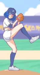  baseball baseball_cap baseball_mitt baseball_uniform blue_hair blue_hat blue_socks commentary crop_top english_commentary female hat hcnone highres knee_up kneehighs long_sleeves looking_at_viewer original parted_lips pink_eyes pixel_art shoes short_hair skye_(hcnone) smile sneakers socks solo sportswear teeth white_footwear 