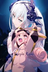  2girls arms_up blue_eyes blush breasts button_eyes buttons cleavage dress echo_(circa) fate/grand_order fate_(series) grey_hair habetrot_(fate) hat hood hooded_jacket jacket large_breasts long_hair long_sleeves morgan_le_fay_(apex)_(fate) morgan_le_fay_(fate) multiple_girls official_alternate_costume open_mouth pink_hair pink_headwear pink_jacket pointy_ears ponytail red_eyes sidelocks small_breasts smile very_long_hair 