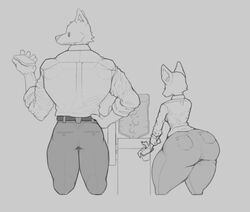  anthro ass atpandotcom big_butt bottomwear canid canine canis clothed clothing denim denim_bottomwear denim_clothing duo female jeans male male/female mammal monochrome pants shirt thick_thighs topwear unknown_species water_cooler wide_hips wolf 