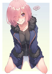  blush border breasts commentary cosplay duplicate eyes_visible_through_hair fate/grand_order fate_(series) female fur-trimmed_collar fur-trimmed_sleeves fur_trim hair_over_one_eye jeanne_d&#039;arc_alter_(fate) jeanne_d&#039;arc_alter_(ver._shinjuku_1999)_(fate) jeanne_d&#039;arc_alter_(ver._shinjuku_1999)_(fate)_(cosplay) jjune kneeling looking_at_viewer mash_kyrielight official_alternate_costume outside_border photoshop_(medium) pixel-perfect_duplicate purple_eyes short_hair smile solo spoken_blush sweat white_border zipper 